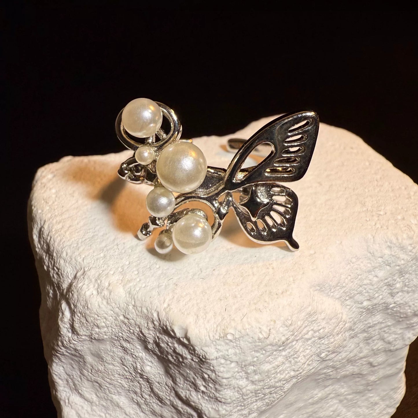 Vintage Style Pearl Butterfly Open Ring - Silver Tone Adjustable Jewelry