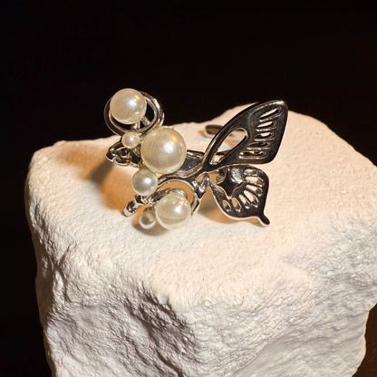 Vintage Style Pearl Butterfly Open Ring - Silver Tone Adjustable Jewelry
