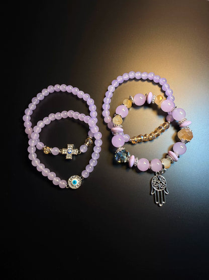 YYBB Jewelry Lot de 4 bracelets en perles lilas avec breloques main Hamsa, œil protecteur et croix, style bohème spirituel