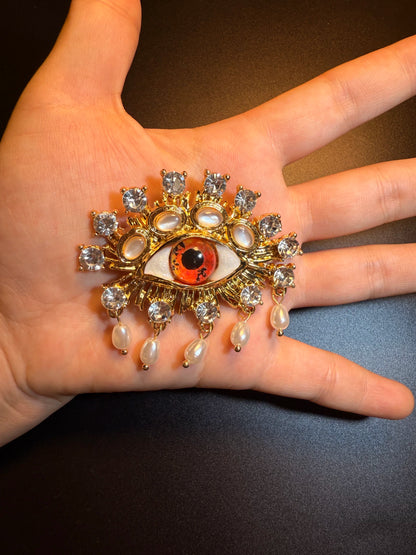 YYBB Jewelry Vintage Evil Eye Tassel Brooch Gold Tone Crystal Faux Pearl Statement Pin Bohemian Talisman Style
