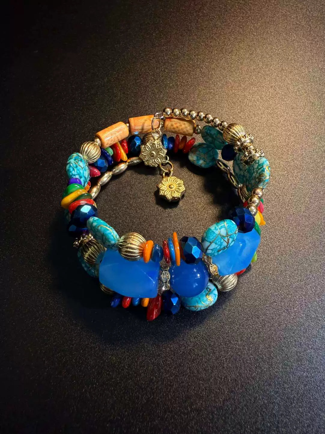 Vintage Style Chunky Blue Faceted Bead Bracelet - Boho Multi-Layer Stacked Bangle