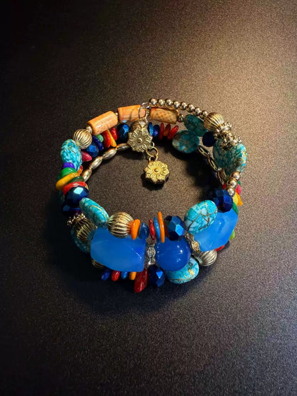 Vintage Style Chunky Blue Faceted Bead Bracelet - Boho Multi-Layer Stacked Bangle