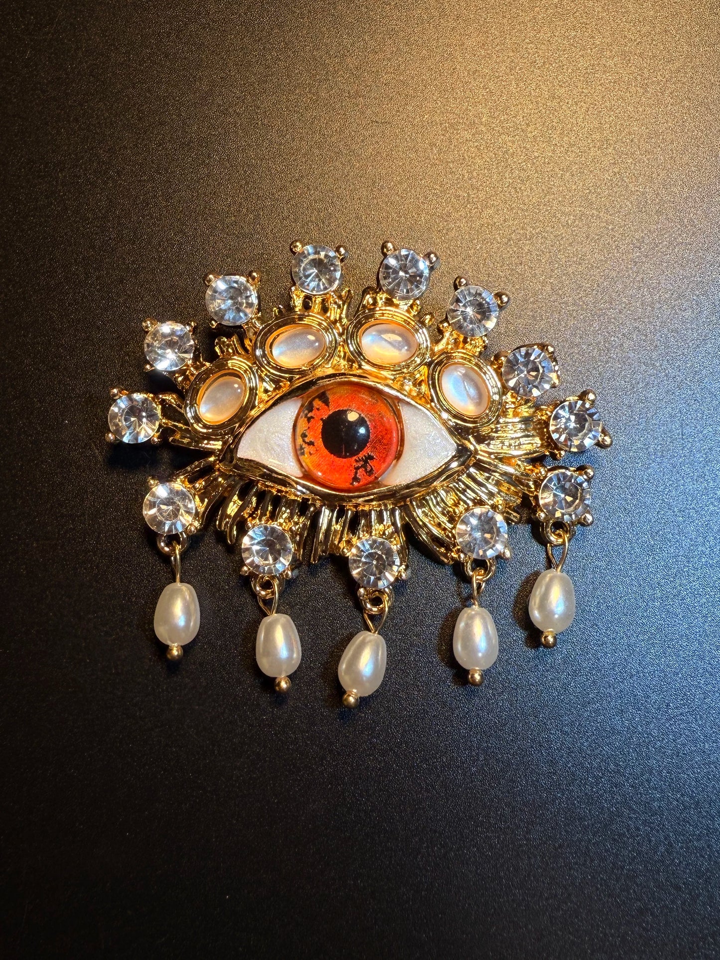 YYBB Jewelry Vintage Evil Eye Tassel Brooch Gold Tone Crystal Faux Pearl Statement Pin Bohemian Talisman Style