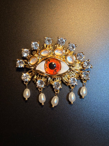 YYBB Jewelry Vintage Evil Eye Tassel Brooch Gold Tone Crystal Faux Pearl Statement Pin Bohemian Talisman Style