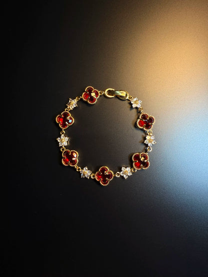 YYBB Jewelry Vintage Red Four-Leaf Clover Chain Bracelet with Gold Tone Crystal Flower Links, Luxury-Inspired Elegant Jewelry