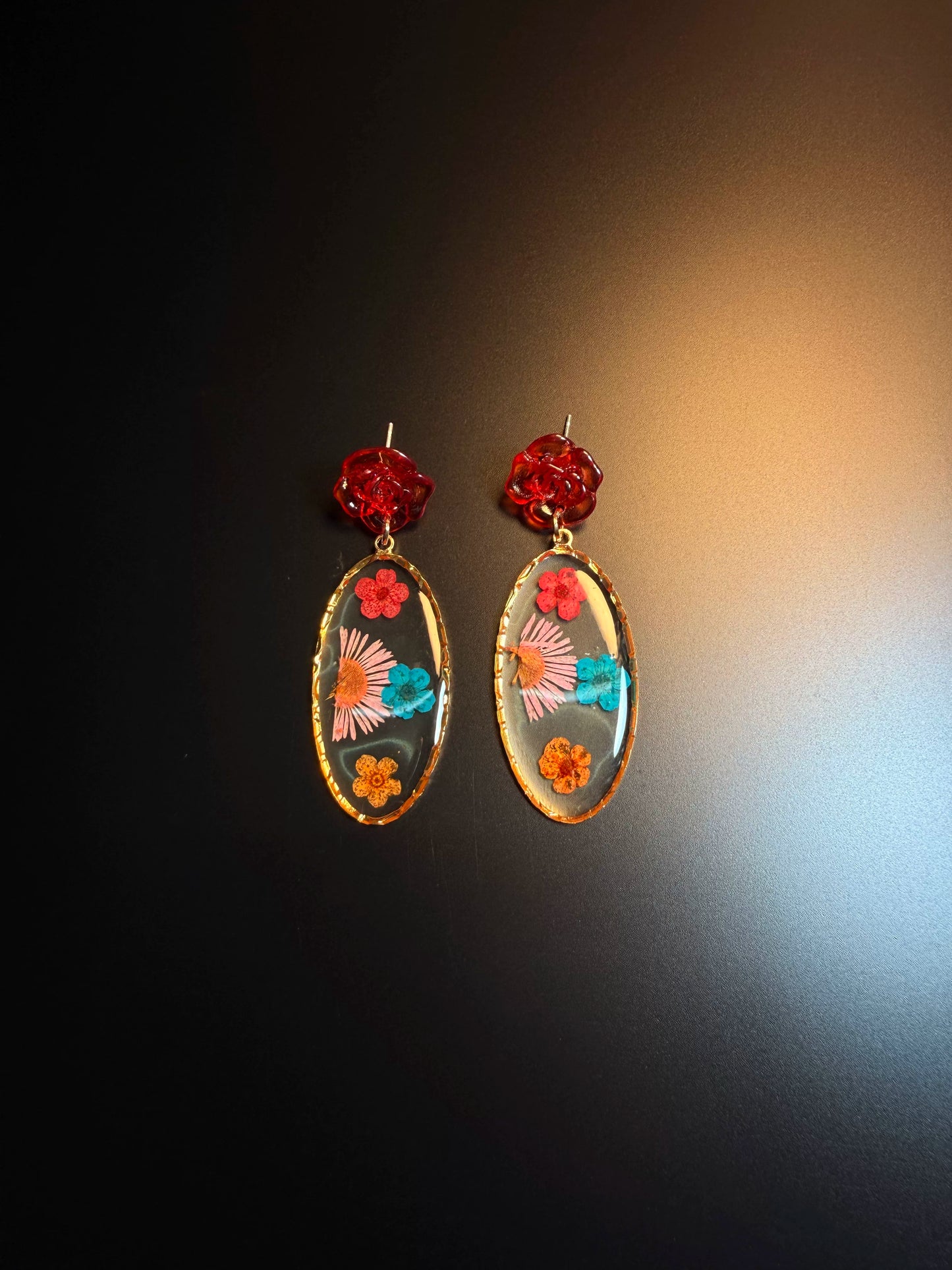 YYBB Jewelry ヴィンテージ 押し花ドロップピアス レッドローズスタッド 樹脂 ドライフラワー ボヘミアン コテージコア ステートメントジュエリー