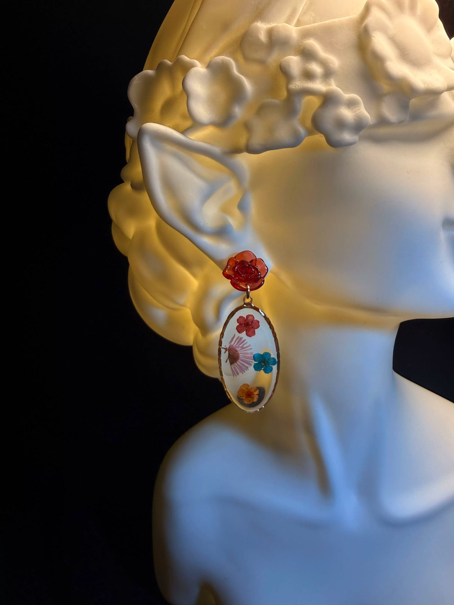 YYBB Jewelry ヴィンテージ 押し花ドロップピアス レッドローズスタッド 樹脂 ドライフラワー ボヘミアン コテージコア ステートメントジュエリー