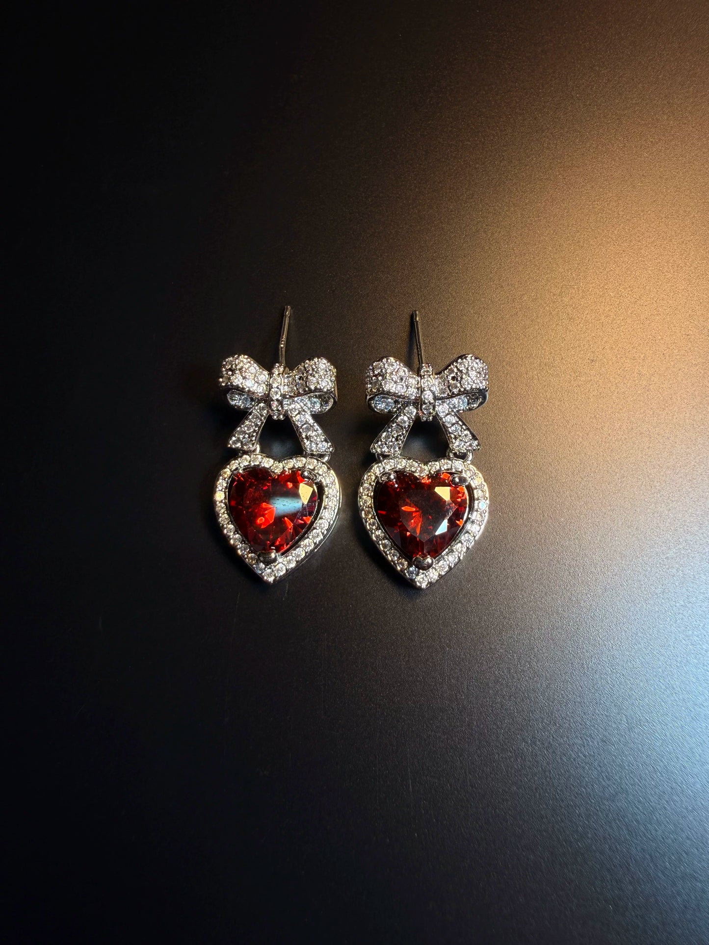 YYBB Jewelry Bow Heart Drop Earrings with Pave Crystal and Ruby-Red Gemstone Romantic Elegant Dangle Style