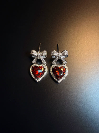 YYBB Jewelry Bow Heart Drop Earrings with Pave Crystal and Ruby-Red Gemstone Romantic Elegant Dangle Style