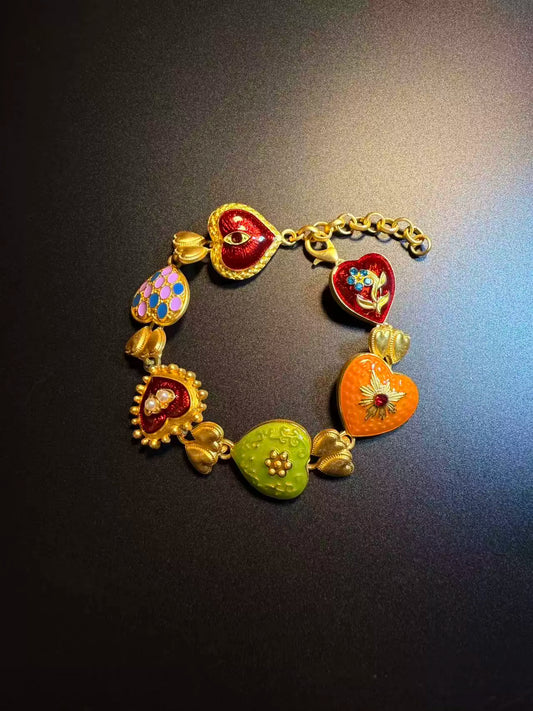 Vintage Style Colorful Enamel Heart Charm Bracelet - Matte Gold Tone Love Jewelry