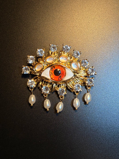 YYBB Jewelry Vintage Evil Eye Tassel Brooch Gold Tone Crystal Faux Pearl Statement Pin Bohemian Talisman Style