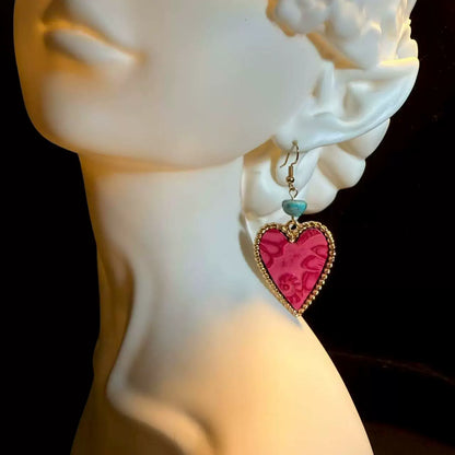 Vintage Style Hot Pink Heart Earrings - Boho Turquoise And Gold Drop Jewelry