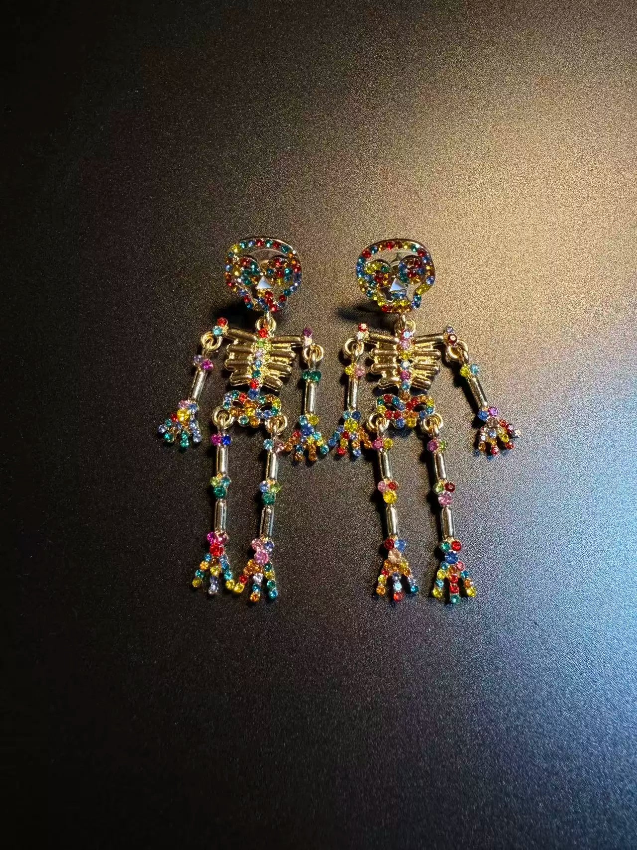Articulated Rainbow Crystal Skeleton Earrings - Funky Gothic Statement Earrings