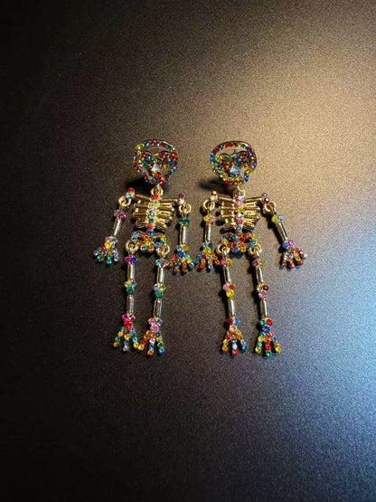 Articulated Rainbow Crystal Skeleton Earrings - Funky Gothic Statement Earrings