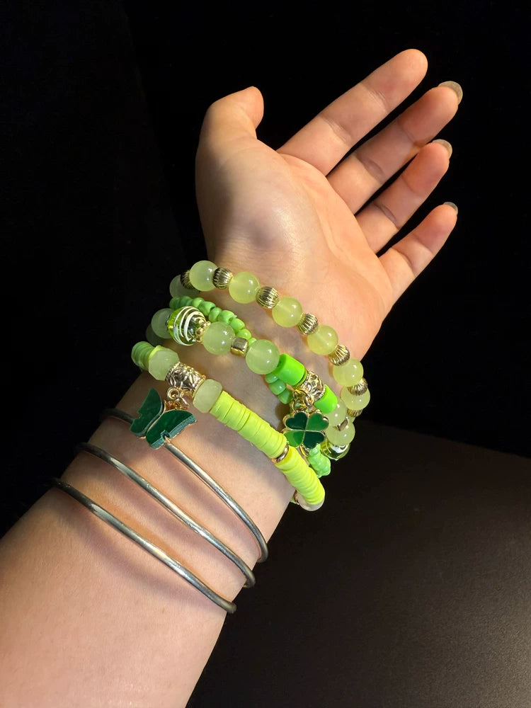 Vintage Style Green Clover Stackable Bracelet Set - Lucky Butterfly And Floral Beaded Jewelry
