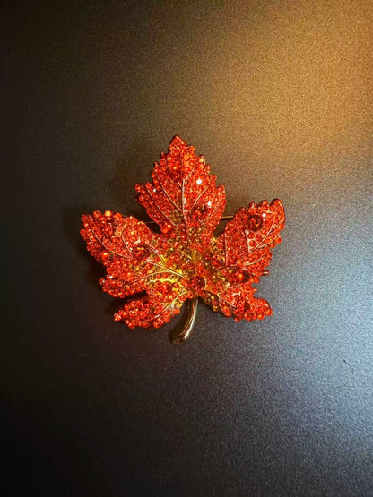 Vintage Style Sparkling Red Maple Leaf Brooch - Rhinestone Autumn Pin