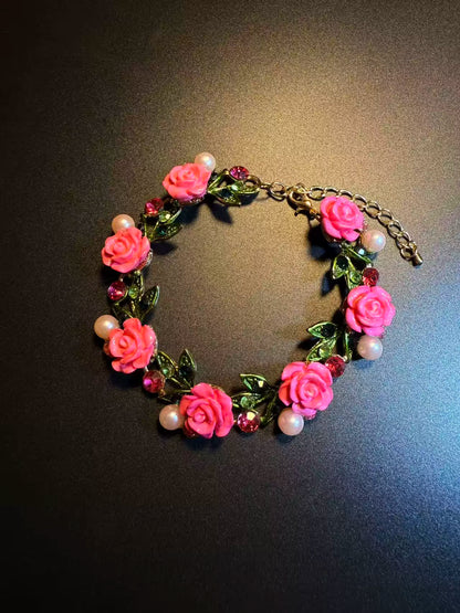 Vintage Style Pink Rose And Pearl Bracelet - Romantic Floral Crystal Jewelry