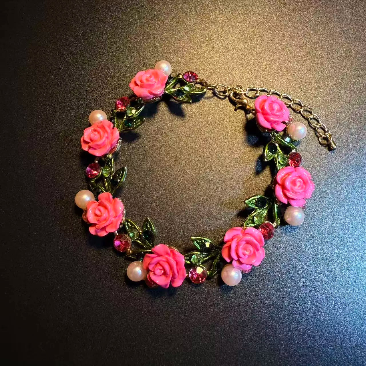 Vintage Style Pink Rose And Pearl Bracelet - Romantic Floral Crystal Jewelry