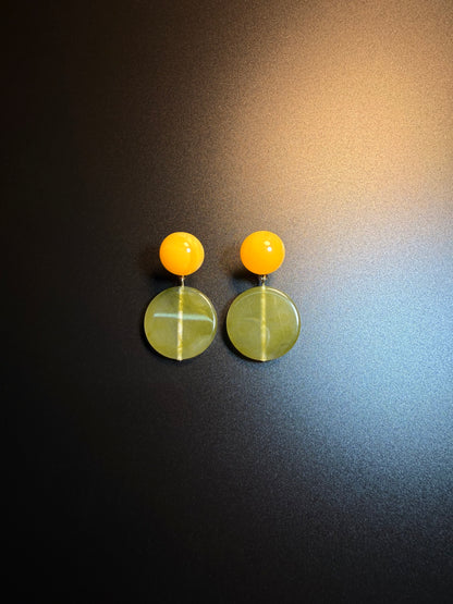 YYBB Jewelry Vintage Two-Tone Yellow and Green Geometric Drop Earrings Minimalist Mid-Century Modern Saffron and Moss Green Dangles
