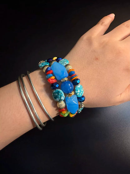 Vintage Style Chunky Blue Faceted Bead Bracelet - Boho Multi-Layer Stacked Bangle