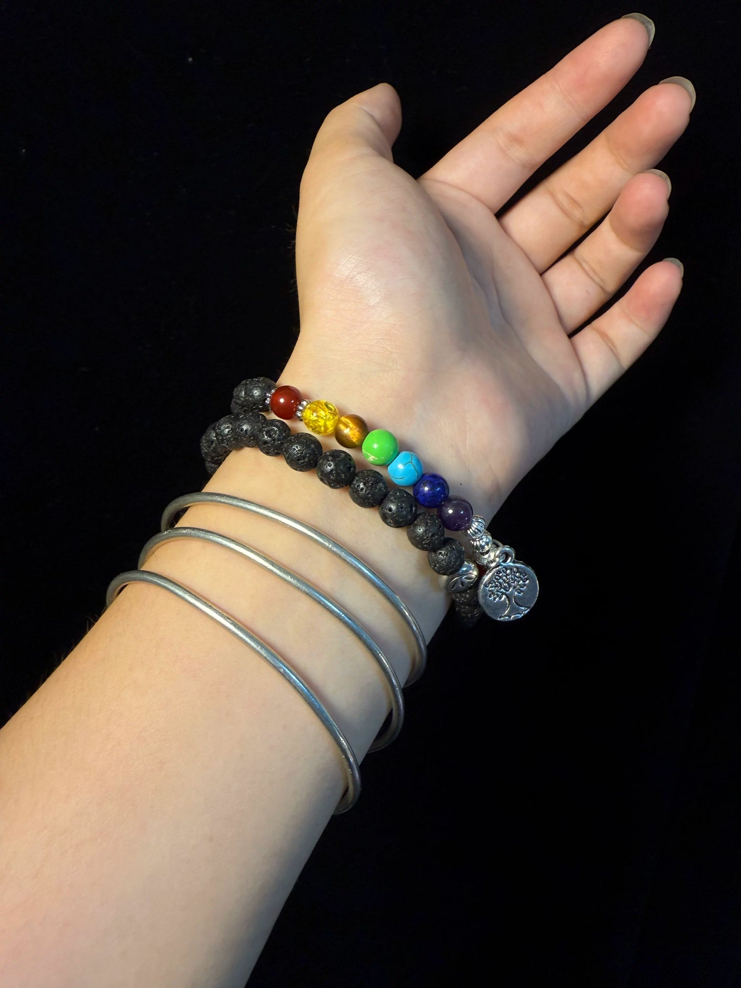 YYBB Jewelry Pulsera Doble Capa Árbol de la Vida Chakra con Piedra de Lava, Sanación para Yoga y Meditación