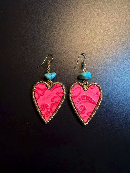 Vintage Style Hot Pink Heart Earrings - Boho Turquoise And Gold Drop Jewelry
