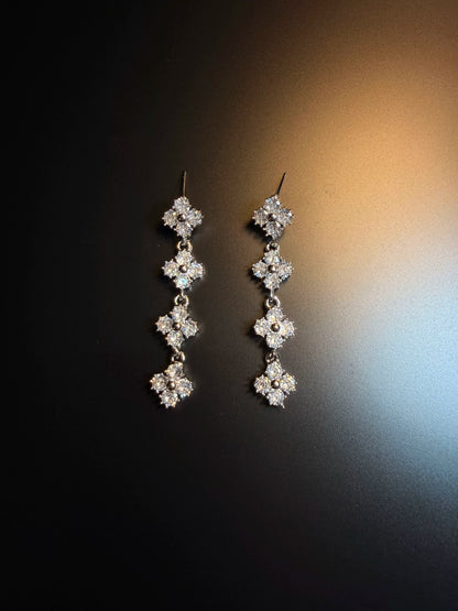 YYBB Jewelry Vintage Clover Drop Earrings Silver Tone Crystal Pave Long Dangle Bridal Statement Jewelry