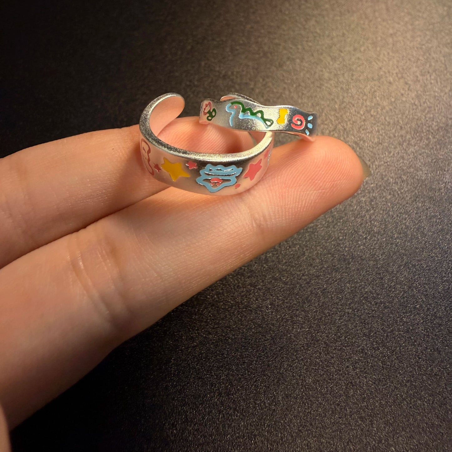 Y2K Graffiti Pattern Ring Pair - Cute Hand Drawn Cartoon Enamel Jewelry