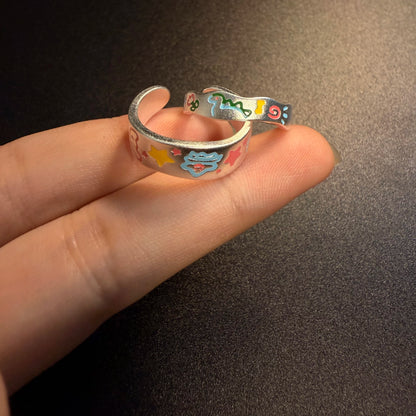 Y2K Graffiti Pattern Ring Pair - Cute Hand Drawn Cartoon Enamel Jewelry