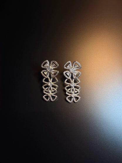 YYBB Jewelry Vintage Floral Drop Earrings with Pavé Cubic Zirconia, Silver-Tone Triple Bloom Bridal Statement Dangle Style