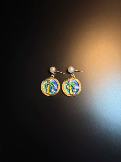 YYBB Jewelry Tropical Palm Tree Drop Earrings with Faux Pearl Enamel Gold-Tone Beach Vacation Statement Style