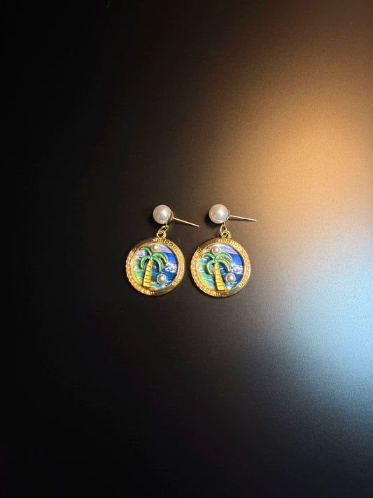 YYBB Jewelry Tropical Palm Tree Drop Earrings with Faux Pearl Enamel Gold-Tone Beach Vacation Statement Style