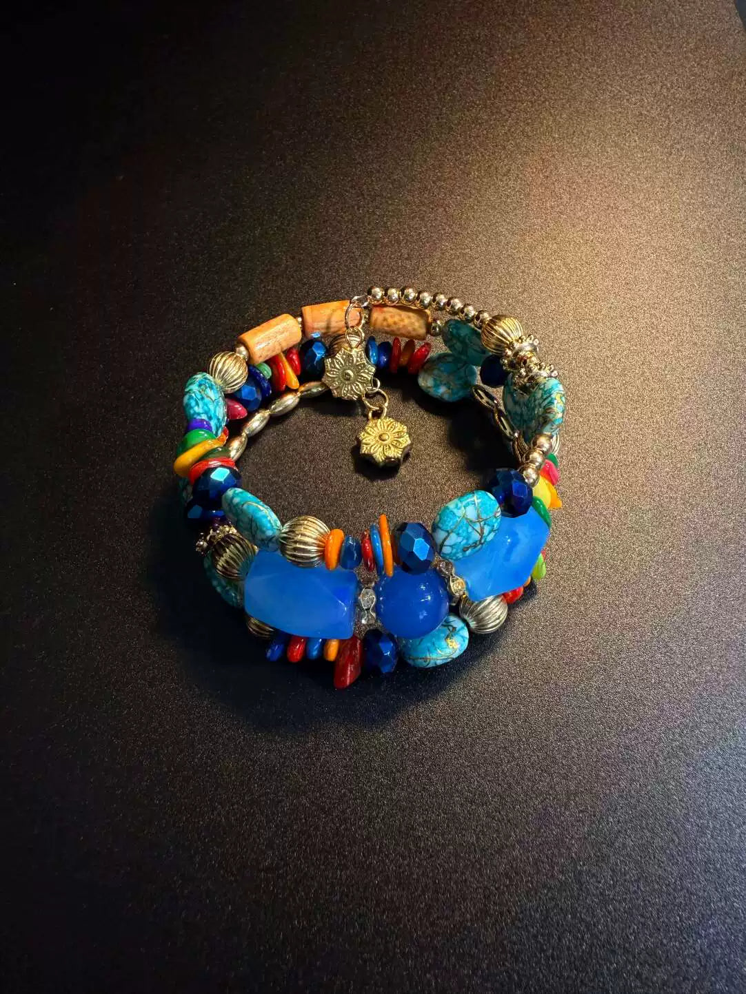 Vintage Style Chunky Blue Faceted Bead Bracelet - Boho Multi-Layer Stacked Bangle