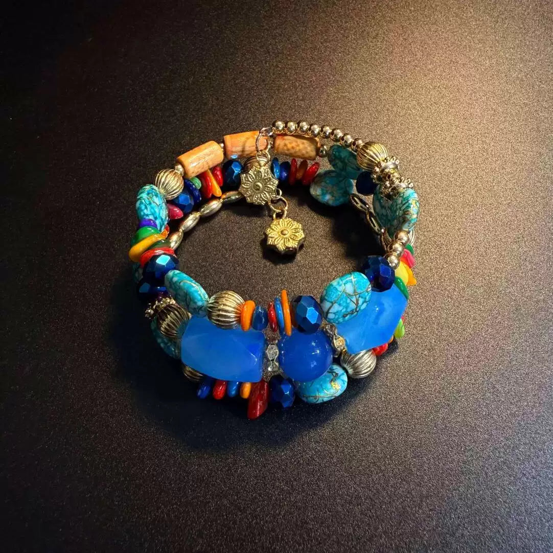 Vintage Style Chunky Blue Faceted Bead Bracelet - Boho Multi-Layer Stacked Bangle