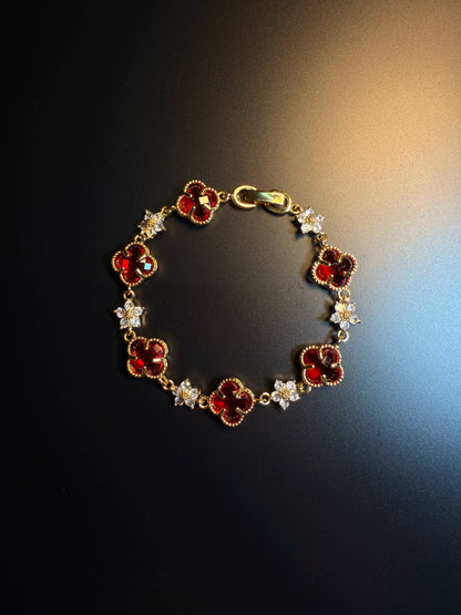 YYBB Jewelry Vintage Red Four-Leaf Clover Chain Bracelet with Gold Tone Crystal Flower Links, Luxury-Inspired Elegant Jewelry