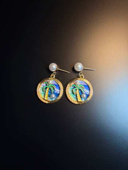 YYBB Jewelry Tropical Palm Tree Drop Earrings with Faux Pearl Enamel Gold-Tone Beach Vacation Statement Style