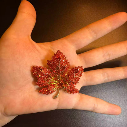 Vintage Style Sparkling Red Maple Leaf Brooch - Rhinestone Autumn Pin