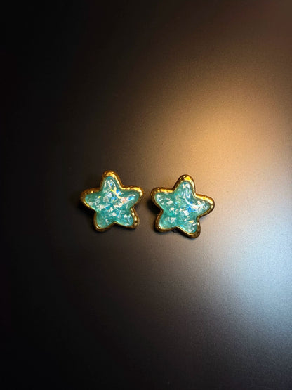 أقراط مسمار نجمة لامعة بلون أخضر بحري من YYBB Jewelry، ريزين بلون ذهبي، أسلوب سماوي كاوايي Y2K عتيق