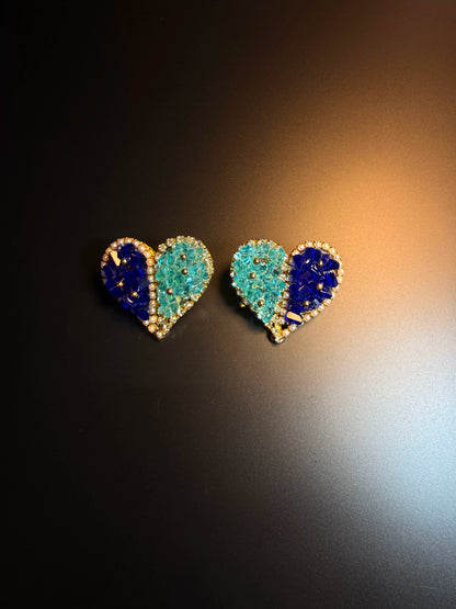 YYBB Jewelry Vintage Dual-Tone Blue Crystal Heart Stud Earrings with Pearl Trim, Gold Statement Glam Jewelry