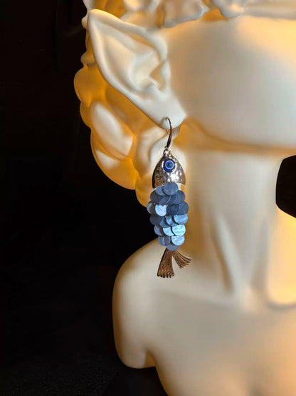 Vintage Style Blue Goldfish Drop Earrings - Handmade Articulated Koi Fish Jewelry