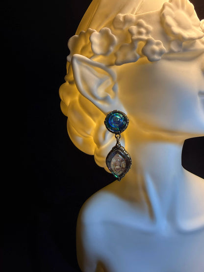 YYBB Jewelry Vintage Iridescent Drop Earrings with Opal Shimmer Glass Cabochons, Antique Gold Art Deco Dangle Style