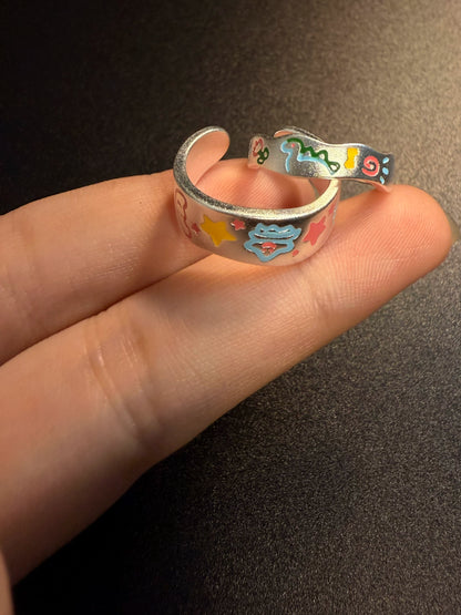 Y2K Graffiti Pattern Ring Pair - Cute Hand Drawn Cartoon Enamel Jewelry