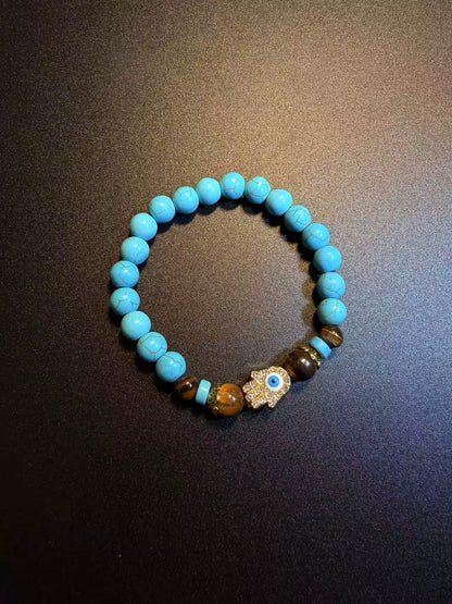 Vintage Style Turquoise And Tiger Eye Beaded Bracelet - Hamsa Hand Evil Eye Protection Jewelry