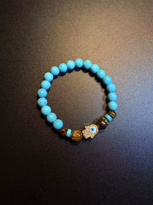 Vintage Style Turquoise And Tiger Eye Beaded Bracelet - Hamsa Hand Evil Eye Protection Jewelry