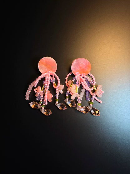 YYBB Jewelry Vintage Dream Tassel Pink Flower Beaded Statement Earrings with Shell Disc Fringe, Romantic Boho Handmade Style