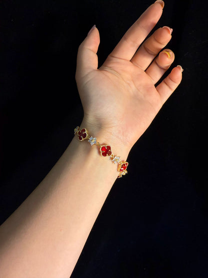 YYBB Jewelry Vintage Red Four-Leaf Clover Chain Bracelet with Gold Tone Crystal Flower Links, Luxury-Inspired Elegant Jewelry
