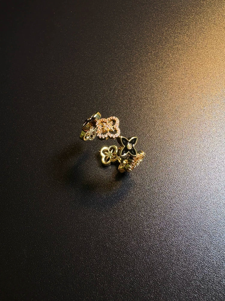 Vintage Style Black Enamel And Crystal Flower Ring - Gold Tone Quatrefoil Band