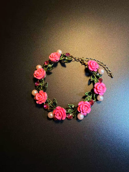 Vintage Style Pink Rose And Pearl Bracelet - Romantic Floral Crystal Jewelry