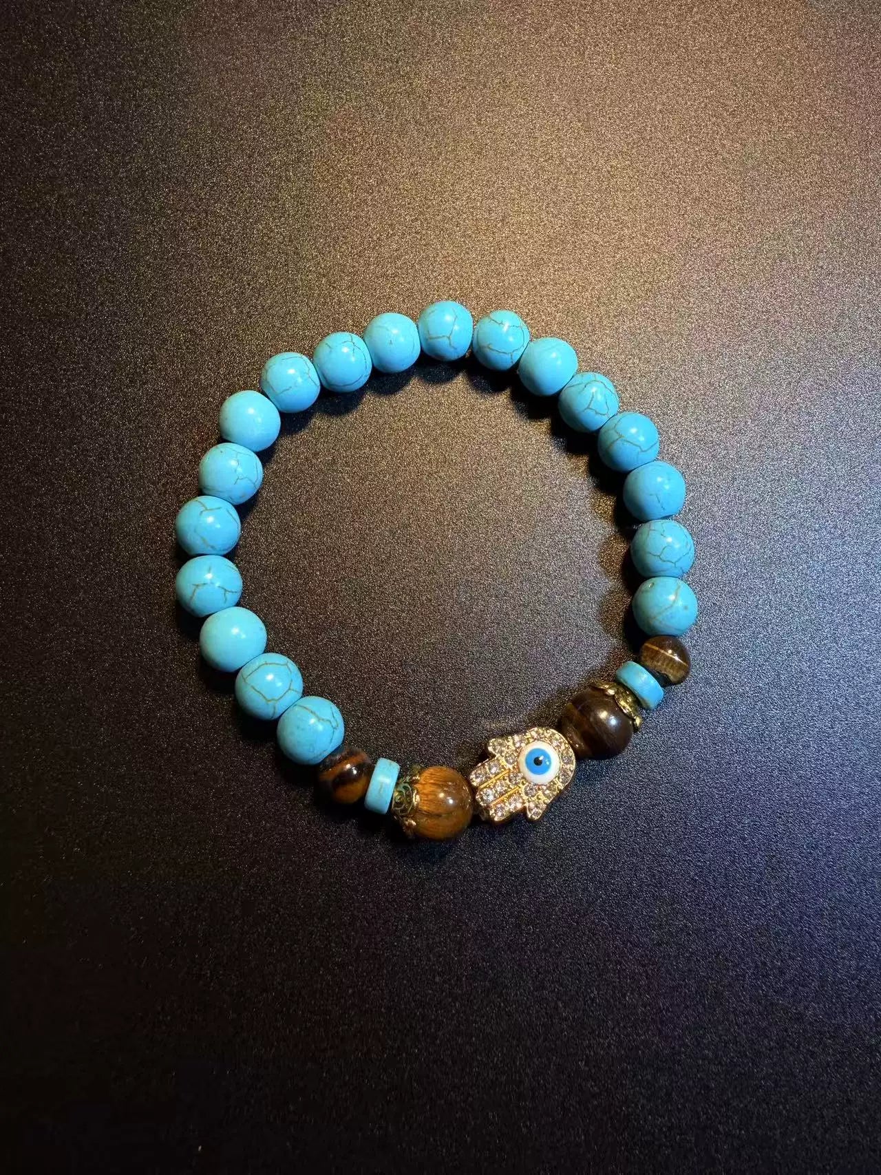 Vintage Style Turquoise And Tiger Eye Beaded Bracelet - Hamsa Hand Evil Eye Protection Jewelry