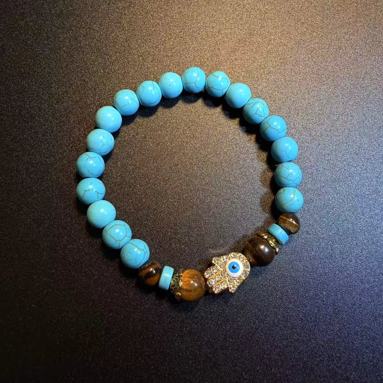 Vintage Style Turquoise And Tiger Eye Beaded Bracelet - Hamsa Hand Evil Eye Protection Jewelry